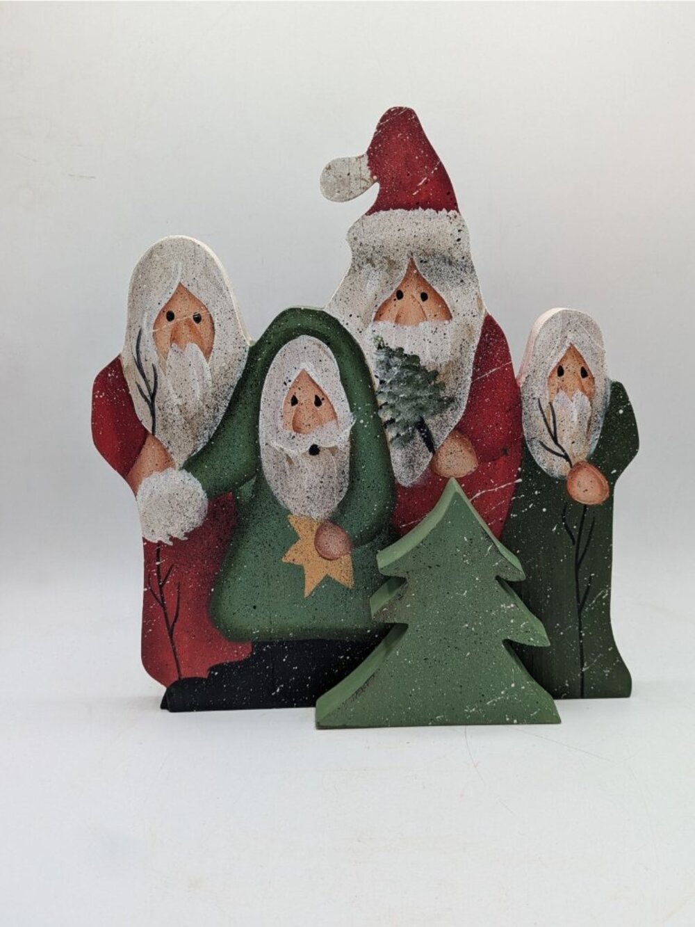Vintage Wooden Santas Hand Painted Free Standing Christmas Decor 11"